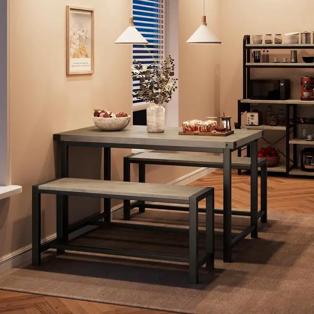 Main image of Dining Table Set for 4 with 2 Benches, 3-Piece Kitchen Table Set, Space-Saving Dining Set for Kitchen, Dining Room, Gray