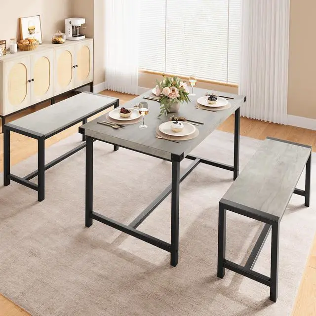 Alt view image 2 of 6 - Dining Table Set for 4 with 2 Benches, 3-Piece Kitchen Table Set, Space-Saving Dining Set for Kitchen, Dining Room, Gray