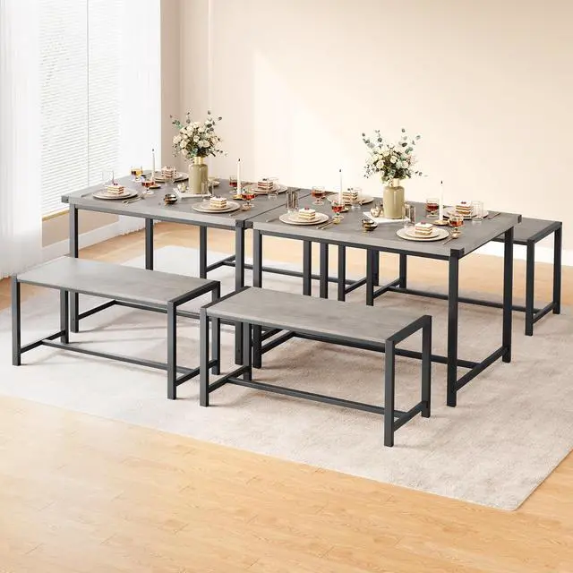 Alt view image 3 of 6 - Dining Table Set for 4 with 2 Benches, 3-Piece Kitchen Table Set, Space-Saving Dining Set for Kitchen, Dining Room, Gray