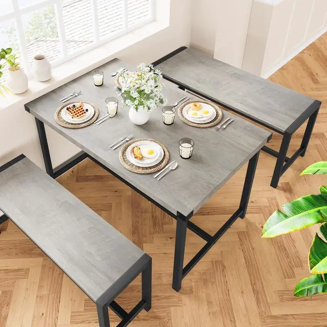 Alt view image 4 of 6 - Dining Table Set for 4 with 2 Benches, 3-Piece Kitchen Table Set, Space-Saving Dining Set for Kitchen, Dining Room, Gray