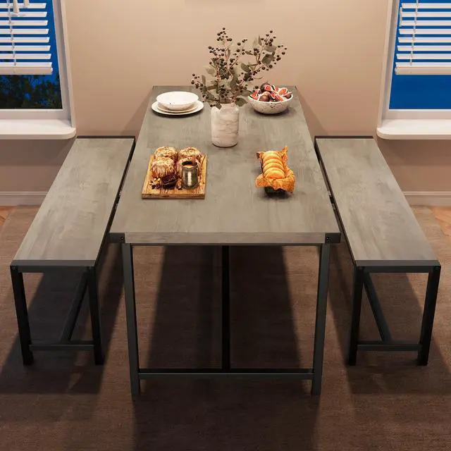 Alt view image 5 of 6 - Dining Table Set for 4 with 2 Benches, 3-Piece Kitchen Table Set, Space-Saving Dining Set for Kitchen, Dining Room, Gray