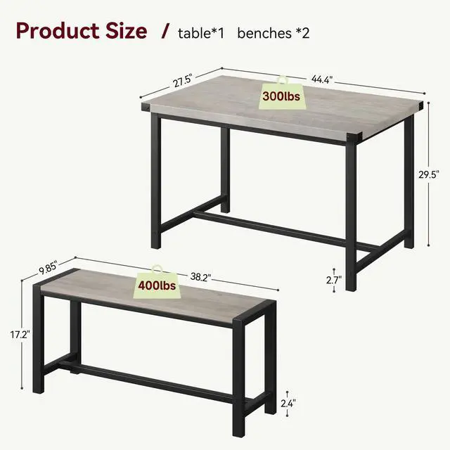 Alt view image 6 of 6 - Dining Table Set for 4 with 2 Benches, 3-Piece Kitchen Table Set, Space-Saving Dining Set for Kitchen, Dining Room, Gray