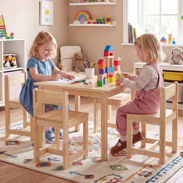 Alt view image 2 of 6 - Kids Table and Chairs, 5 Pieces Rubber Wood Toddler Desk Set for Arts, Crafts, Homework & Snack Time, Kindergarten & Playroom,Toddler Table and Chair Set for Children 4+ Years Old (Natural)