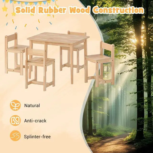 Alt view image 3 of 6 - Kids Table and Chairs, 5 Pieces Rubber Wood Toddler Desk Set for Arts, Crafts, Homework & Snack Time, Kindergarten & Playroom,Toddler Table and Chair Set for Children 4+ Years Old (Natural)