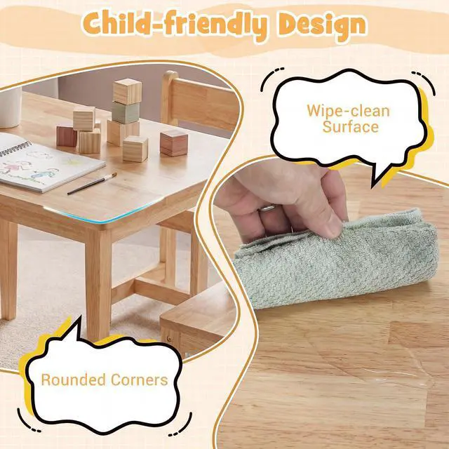 Alt view image 4 of 6 - Kids Table and Chairs, 5 Pieces Rubber Wood Toddler Desk Set for Arts, Crafts, Homework & Snack Time, Kindergarten & Playroom,Toddler Table and Chair Set for Children 4+ Years Old (Natural)