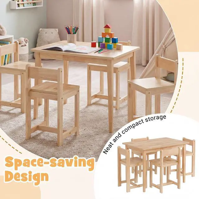 Alt view image 5 of 6 - Kids Table and Chairs, 5 Pieces Rubber Wood Toddler Desk Set for Arts, Crafts, Homework & Snack Time, Kindergarten & Playroom,Toddler Table and Chair Set for Children 4+ Years Old (Natural)