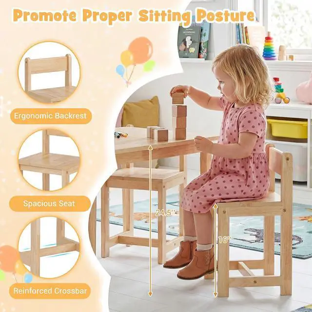 Alt view image 6 of 6 - Kids Table and Chairs, 5 Pieces Rubber Wood Toddler Desk Set for Arts, Crafts, Homework & Snack Time, Kindergarten & Playroom,Toddler Table and Chair Set for Children 4+ Years Old (Natural)