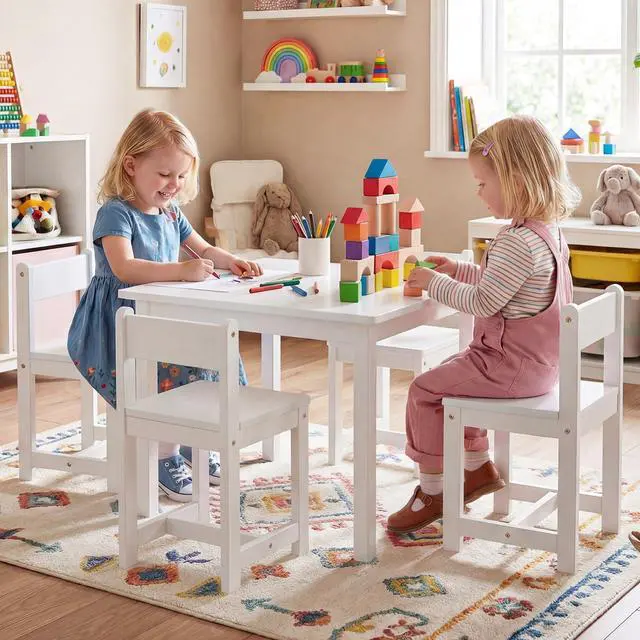 Alt view image 2 of 6 - Kids Table and Chairs, 5 Pieces Rubber Wood Toddler Desk Set for Arts, Crafts, Homework & Snack Time, Kindergarten & Playroom,Toddler Table and Chair Set for Children 4+ Years Old (White)