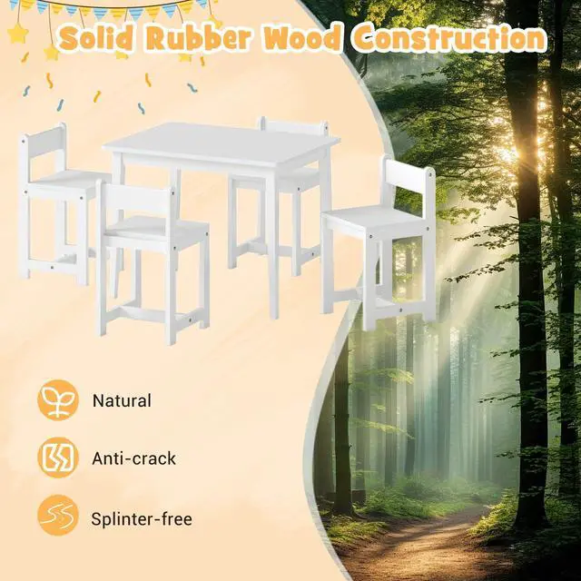 Alt view image 3 of 6 - Kids Table and Chairs, 5 Pieces Rubber Wood Toddler Desk Set for Arts, Crafts, Homework & Snack Time, Kindergarten & Playroom,Toddler Table and Chair Set for Children 4+ Years Old (White)