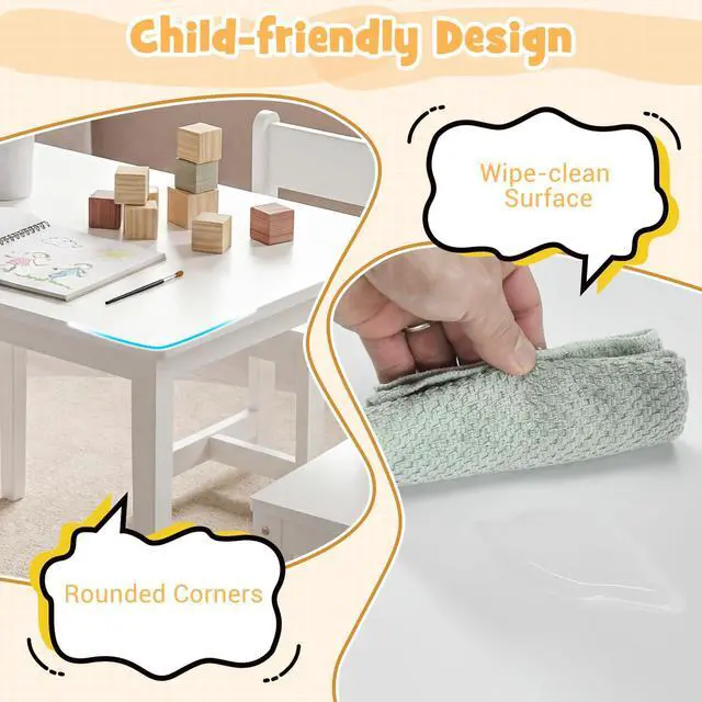 Alt view image 4 of 6 - Kids Table and Chairs, 5 Pieces Rubber Wood Toddler Desk Set for Arts, Crafts, Homework & Snack Time, Kindergarten & Playroom,Toddler Table and Chair Set for Children 4+ Years Old (White)