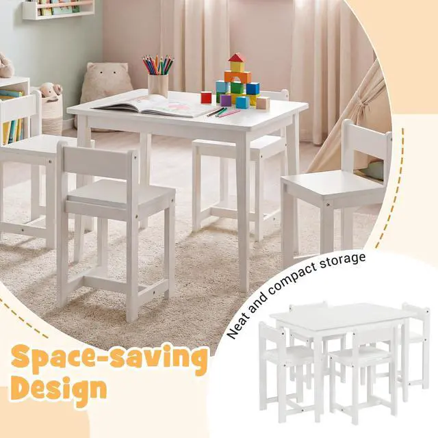 Alt view image 5 of 6 - Kids Table and Chairs, 5 Pieces Rubber Wood Toddler Desk Set for Arts, Crafts, Homework & Snack Time, Kindergarten & Playroom,Toddler Table and Chair Set for Children 4+ Years Old (White)