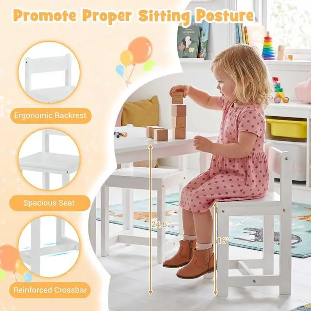 Alt view image 6 of 6 - Kids Table and Chairs, 5 Pieces Rubber Wood Toddler Desk Set for Arts, Crafts, Homework & Snack Time, Kindergarten & Playroom,Toddler Table and Chair Set for Children 4+ Years Old (White)