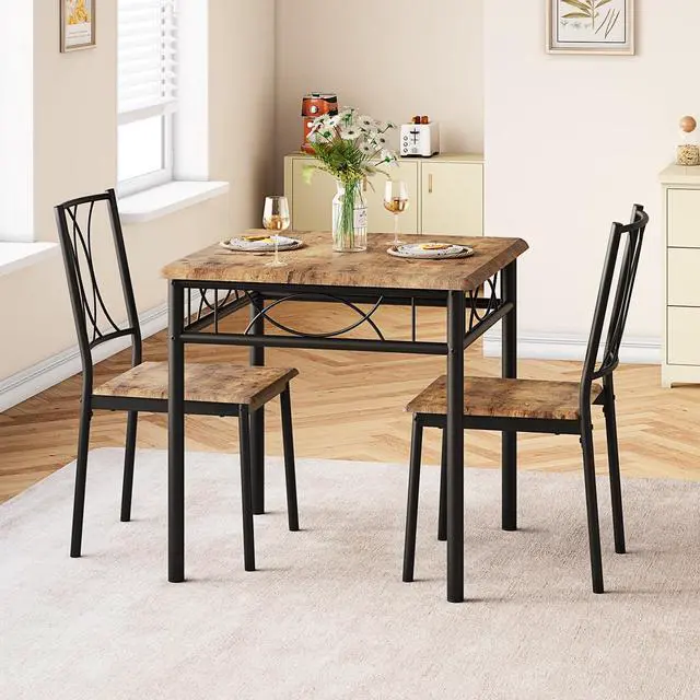 Alt view image 2 of 6 - Farmhouse Wooden Dining Table Set for 2, Square Kitchen Table with 2 Chairs, 3 Piece Small Table and Chairs Set for Apartments, Studios, and Small Areas