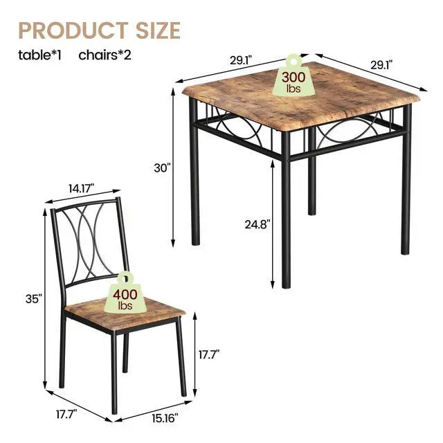 Alt view image 5 of 6 - Farmhouse Wooden Dining Table Set for 2, Square Kitchen Table with 2 Chairs, 3 Piece Small Table and Chairs Set for Apartments, Studios, and Small Areas