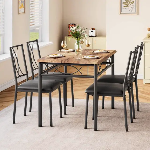 Alt view image 2 of 6 - Farmhouse Wooden Dining Table Set for 4, Rectangular Kitchen Table with 4 Upholstered Chairs, 5 Piece Small Table and Chairs Set for Apartments, Studios, and Small Areas
