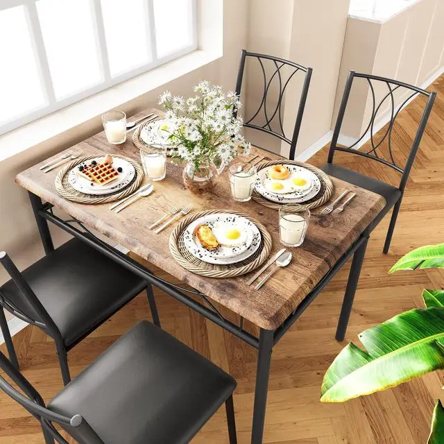 Alt view image 3 of 6 - Farmhouse Wooden Dining Table Set for 4, Rectangular Kitchen Table with 4 Upholstered Chairs, 5 Piece Small Table and Chairs Set for Apartments, Studios, and Small Areas