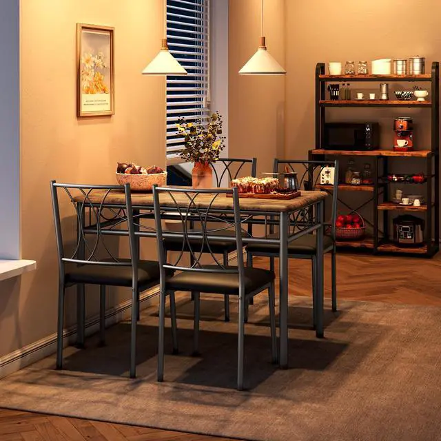 Alt view image 4 of 6 - Farmhouse Wooden Dining Table Set for 4, Rectangular Kitchen Table with 4 Upholstered Chairs, 5 Piece Small Table and Chairs Set for Apartments, Studios, and Small Areas