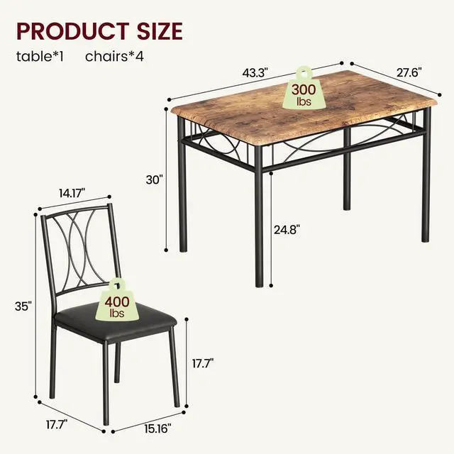 Alt view image 5 of 6 - Farmhouse Wooden Dining Table Set for 4, Rectangular Kitchen Table with 4 Upholstered Chairs, 5 Piece Small Table and Chairs Set for Apartments, Studios, and Small Areas