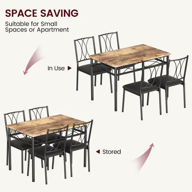 Alt view image 6 of 6 - Farmhouse Wooden Dining Table Set for 4, Rectangular Kitchen Table with 4 Upholstered Chairs, 5 Piece Small Table and Chairs Set for Apartments, Studios, and Small Areas
