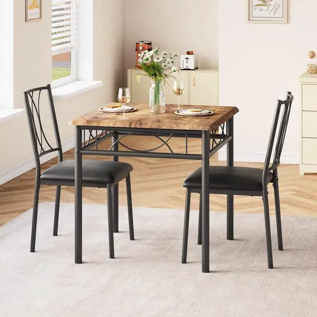 Alt view image 2 of 6 - Farmhouse Wooden Dining Table Set for 2, Square Kitchen Table with 2 Upholstered Chairs, 3 Piece Small Table and Chairs Set for Apartments, Studios, and Small Areas