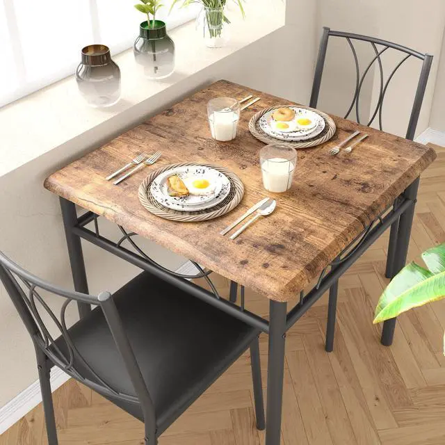 Alt view image 3 of 6 - Farmhouse Wooden Dining Table Set for 2, Square Kitchen Table with 2 Upholstered Chairs, 3 Piece Small Table and Chairs Set for Apartments, Studios, and Small Areas