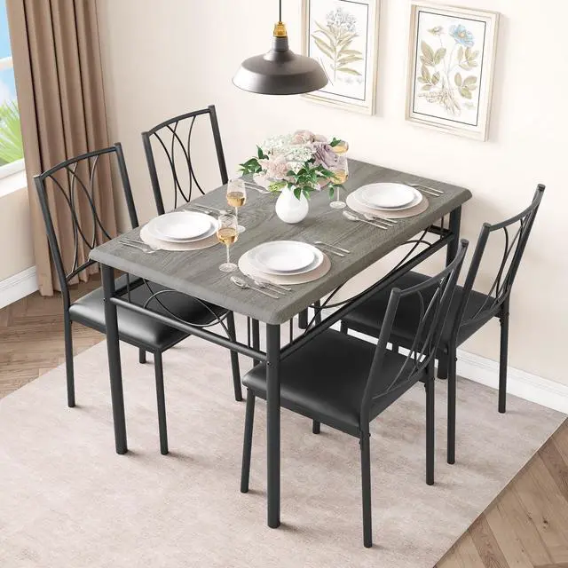 Main image of Farmhouse Wooden Dining Table Set for 4, Rectangular Kitchen Table with 4 Upholstered Chairs, 5 Piece Small Table and Chairs Set for Apartments, Studios, and Small Areas