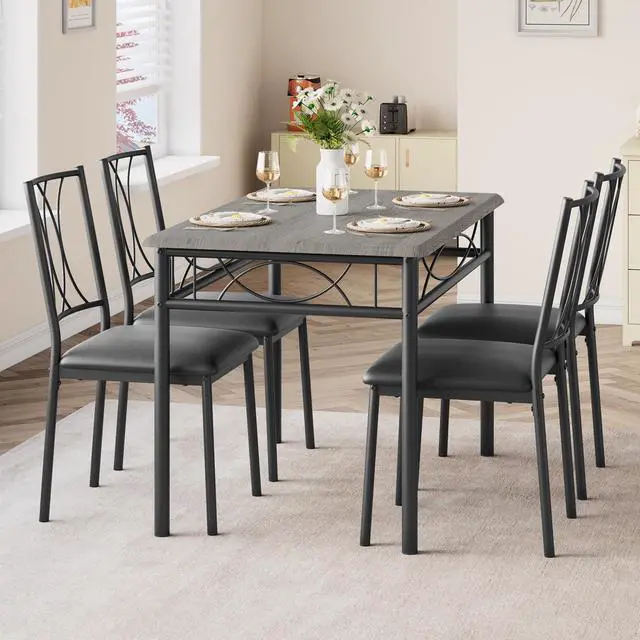 Alt view image 2 of 6 - Farmhouse Wooden Dining Table Set for 4, Rectangular Kitchen Table with 4 Upholstered Chairs, 5 Piece Small Table and Chairs Set for Apartments, Studios, and Small Areas