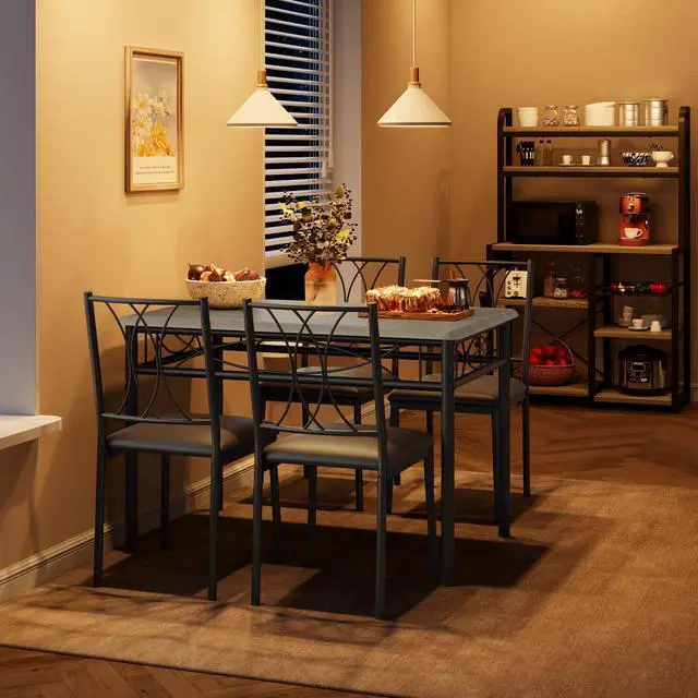 Alt view image 4 of 6 - Farmhouse Wooden Dining Table Set for 4, Rectangular Kitchen Table with 4 Upholstered Chairs, 5 Piece Small Table and Chairs Set for Apartments, Studios, and Small Areas