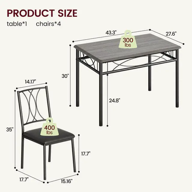Alt view image 5 of 6 - Farmhouse Wooden Dining Table Set for 4, Rectangular Kitchen Table with 4 Upholstered Chairs, 5 Piece Small Table and Chairs Set for Apartments, Studios, and Small Areas