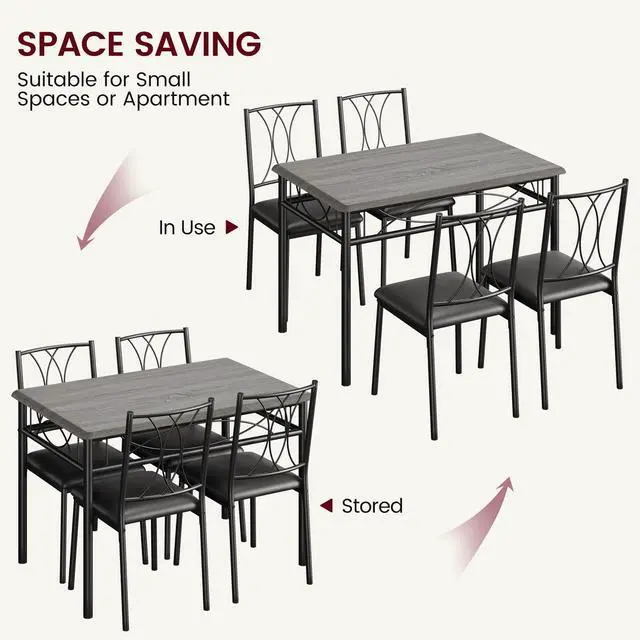 Alt view image 6 of 6 - Farmhouse Wooden Dining Table Set for 4, Rectangular Kitchen Table with 4 Upholstered Chairs, 5 Piece Small Table and Chairs Set for Apartments, Studios, and Small Areas