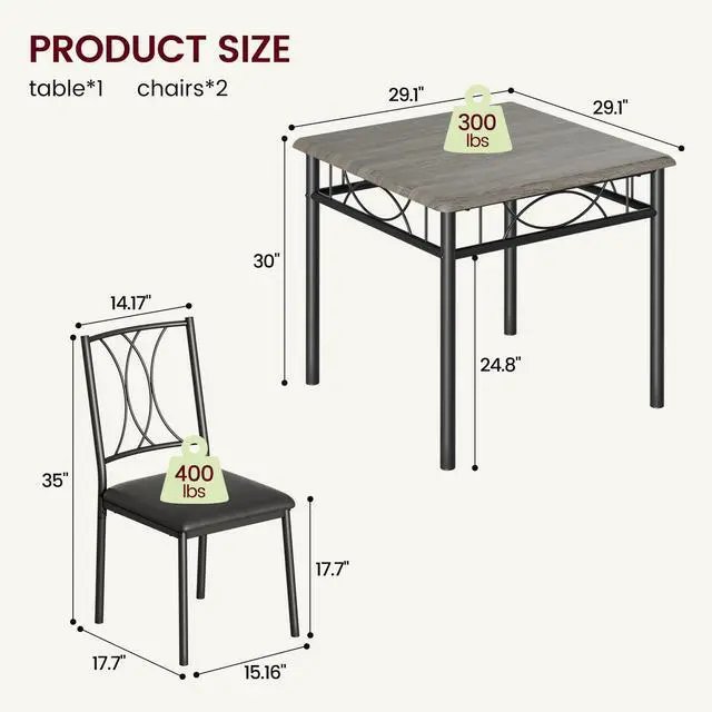 Alt view image 5 of 6 - Farmhouse Wooden Dining Table Set for 2, Square Kitchen Table with 2 Upholstered Chairs, 3 Piece Small Table and Chairs Set for Apartments, Studios, and Small Areas