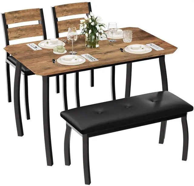 Main image of Dining Table Set for 4, Rectangular Kitchen Table Set,3-Piece Dining Table with 1 Upholstered Bench &2 Chairs with Backrests& Metal Frame,Perfect for Small Spaces, Kitchens & Dining Rooms (Brown)