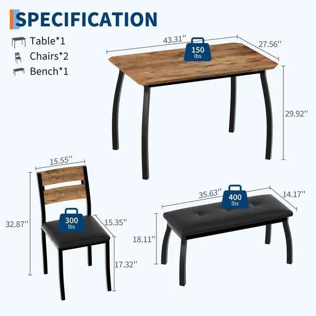 Alt view image 2 of 6 - Dining Table Set for 4, Rectangular Kitchen Table Set,3-Piece Dining Table with 1 Upholstered Bench &2 Chairs with Backrests& Metal Frame,Perfect for Small Spaces, Kitchens & Dining Rooms (Brown)
