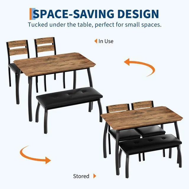 Alt view image 3 of 6 - Dining Table Set for 4, Rectangular Kitchen Table Set,3-Piece Dining Table with 1 Upholstered Bench &2 Chairs with Backrests& Metal Frame,Perfect for Small Spaces, Kitchens & Dining Rooms (Brown)