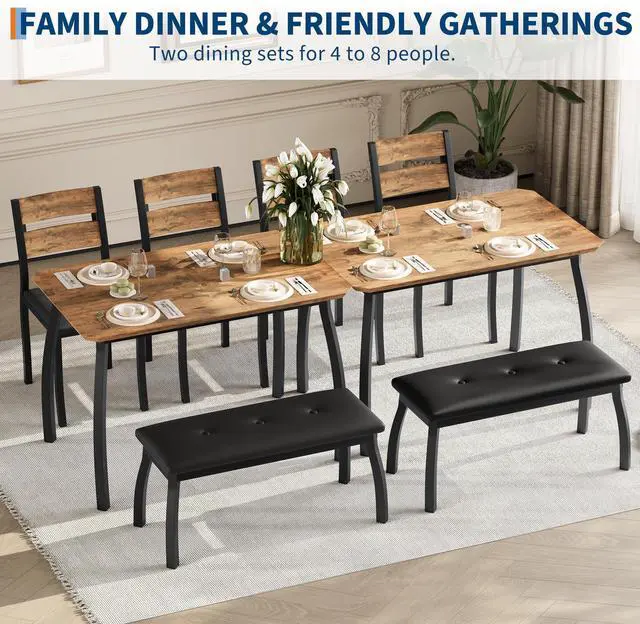 Alt view image 6 of 6 - Dining Table Set for 4, Rectangular Kitchen Table Set,3-Piece Dining Table with 1 Upholstered Bench &2 Chairs with Backrests& Metal Frame,Perfect for Small Spaces, Kitchens & Dining Rooms (Brown)