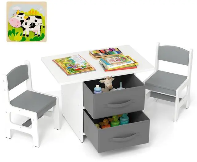Main image of Kids Table and Chair Set, Wood Activity Table w/Toy Storage Baskets, Jigsaw Puzzle for Arts, Crafts, Reading, Children Playset Furniture for Preschool, Playroom, Toddler Table & Chair Set