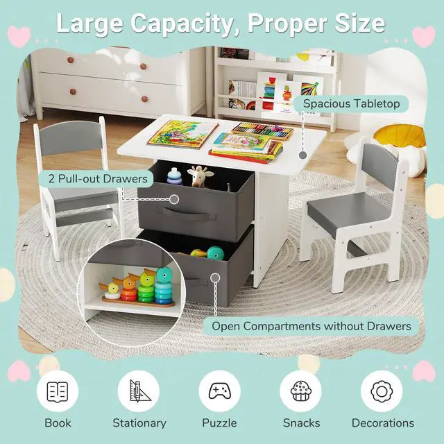 Alt view image 2 of 6 - Kids Table and Chair Set, Wood Activity Table w/Toy Storage Baskets, Jigsaw Puzzle for Arts, Crafts, Reading, Children Playset Furniture for Preschool, Playroom, Toddler Table & Chair Set