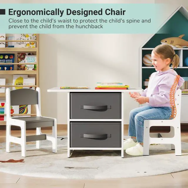 Alt view image 4 of 6 - Kids Table and Chair Set, Wood Activity Table w/Toy Storage Baskets, Jigsaw Puzzle for Arts, Crafts, Reading, Children Playset Furniture for Preschool, Playroom, Toddler Table & Chair Set