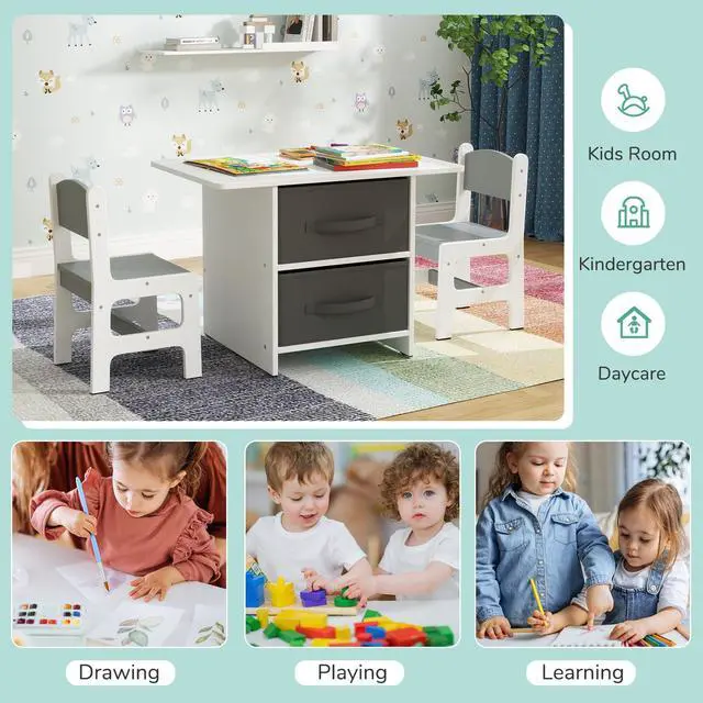Alt view image 5 of 6 - Kids Table and Chair Set, Wood Activity Table w/Toy Storage Baskets, Jigsaw Puzzle for Arts, Crafts, Reading, Children Playset Furniture for Preschool, Playroom, Toddler Table & Chair Set