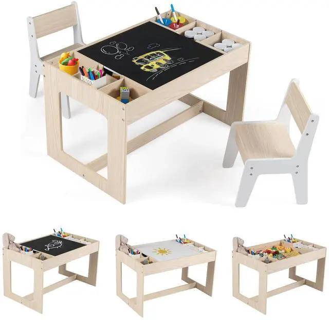 Main image of Kids Table and Chairs, Children Sturdy Wooden Activity Set w/Storage Cubbies, Removable Double-Sided Tabletop, for Art, Drawing, Reading, Dining, Toddler Table and Chair Set (Natural)