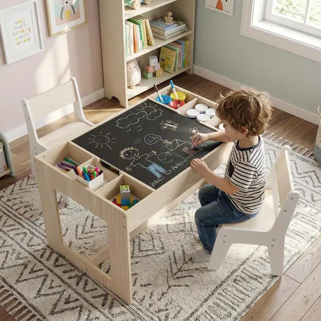 Alt view image 2 of 6 - Kids Table and Chairs, Children Sturdy Wooden Activity Set w/Storage Cubbies, Removable Double-Sided Tabletop, for Art, Drawing, Reading, Dining, Toddler Table and Chair Set (Natural)