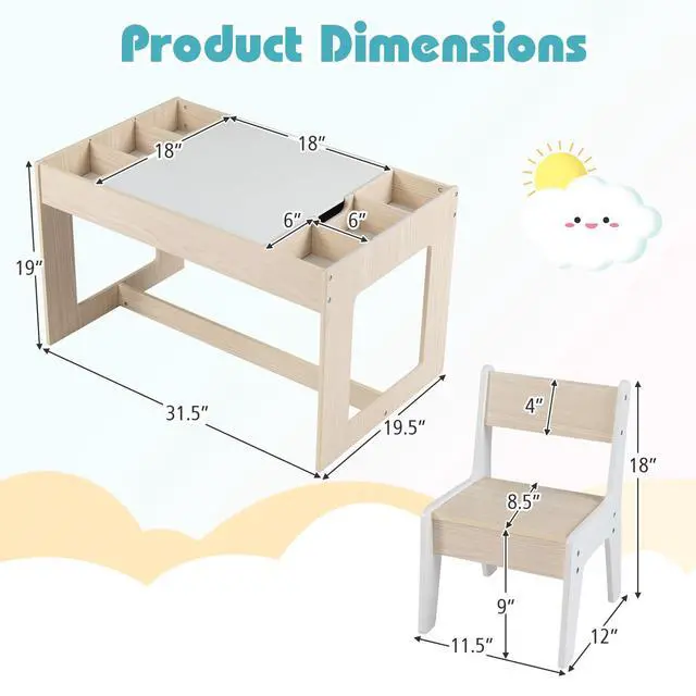 Alt view image 3 of 6 - Kids Table and Chairs, Children Sturdy Wooden Activity Set w/Storage Cubbies, Removable Double-Sided Tabletop, for Art, Drawing, Reading, Dining, Toddler Table and Chair Set (Natural)