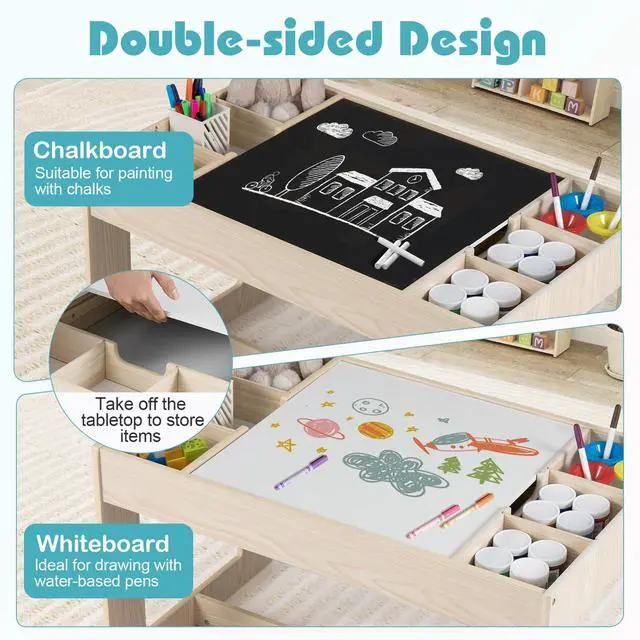 Alt view image 4 of 6 - Kids Table and Chairs, Children Sturdy Wooden Activity Set w/Storage Cubbies, Removable Double-Sided Tabletop, for Art, Drawing, Reading, Dining, Toddler Table and Chair Set (Natural)