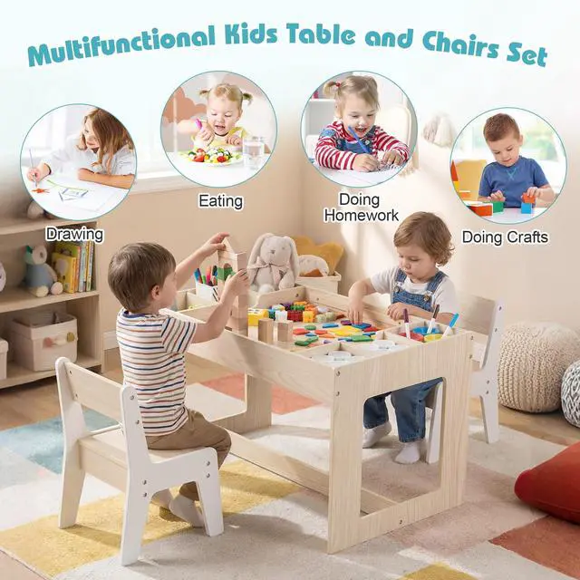 Alt view image 6 of 6 - Kids Table and Chairs, Children Sturdy Wooden Activity Set w/Storage Cubbies, Removable Double-Sided Tabletop, for Art, Drawing, Reading, Dining, Toddler Table and Chair Set (Natural)
