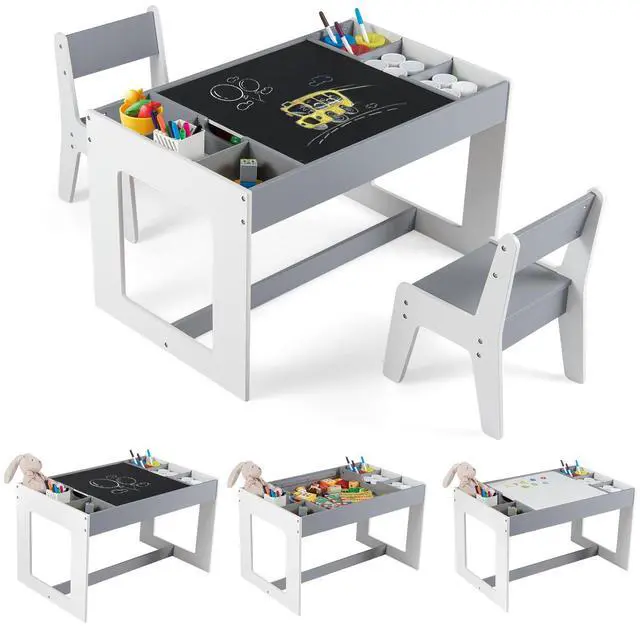 Main image of Kids Table and Chairs, Children Sturdy Wooden Activity Set w/Storage Cubbies, Removable Double-Sided Tabletop, for Art, Drawing, Reading, Dining, Toddler Table and Chair Set (Gray)