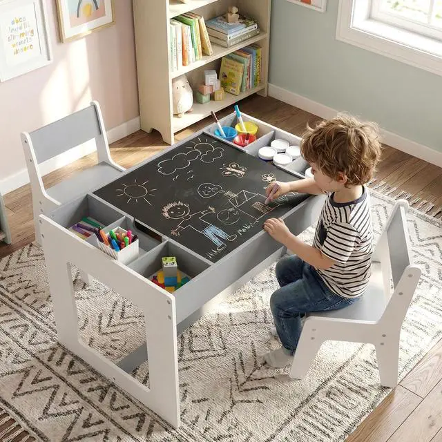 Alt view image 2 of 6 - Kids Table and Chairs, Children Sturdy Wooden Activity Set w/Storage Cubbies, Removable Double-Sided Tabletop, for Art, Drawing, Reading, Dining, Toddler Table and Chair Set (Gray)