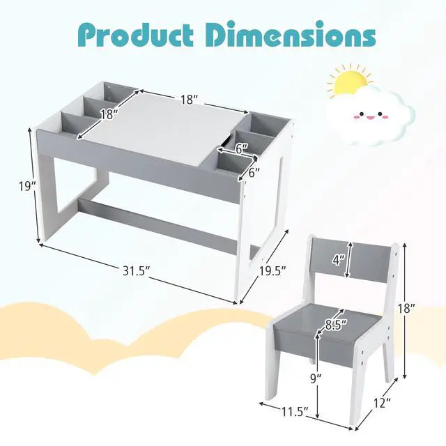Alt view image 3 of 6 - Kids Table and Chairs, Children Sturdy Wooden Activity Set w/Storage Cubbies, Removable Double-Sided Tabletop, for Art, Drawing, Reading, Dining, Toddler Table and Chair Set (Gray)