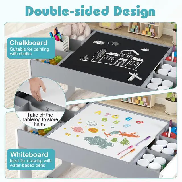 Alt view image 4 of 6 - Kids Table and Chairs, Children Sturdy Wooden Activity Set w/Storage Cubbies, Removable Double-Sided Tabletop, for Art, Drawing, Reading, Dining, Toddler Table and Chair Set (Gray)