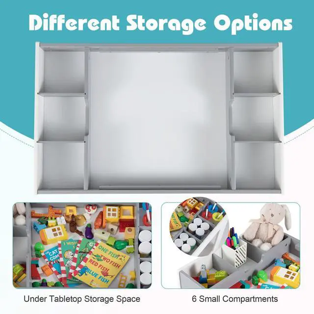 Alt view image 5 of 6 - Kids Table and Chairs, Children Sturdy Wooden Activity Set w/Storage Cubbies, Removable Double-Sided Tabletop, for Art, Drawing, Reading, Dining, Toddler Table and Chair Set (Gray)