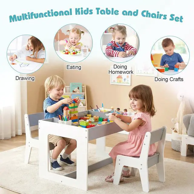 Alt view image 6 of 6 - Kids Table and Chairs, Children Sturdy Wooden Activity Set w/Storage Cubbies, Removable Double-Sided Tabletop, for Art, Drawing, Reading, Dining, Toddler Table and Chair Set (Gray)